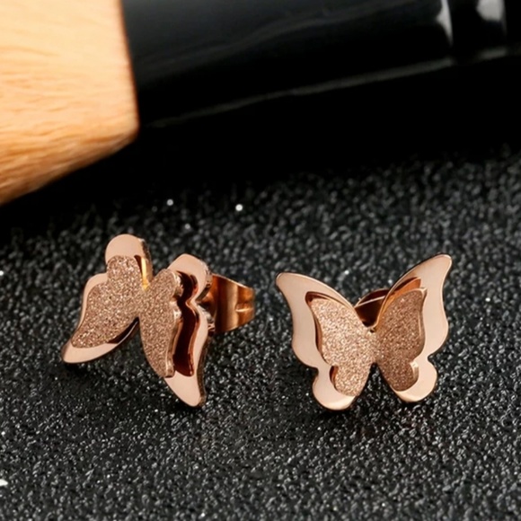 Rose gold stainless steel butterfly earrings. - Picture 8 of 8